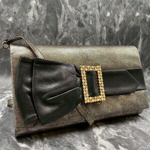 Gucci Shoulder Bag Gold Black Leather Stone Logo